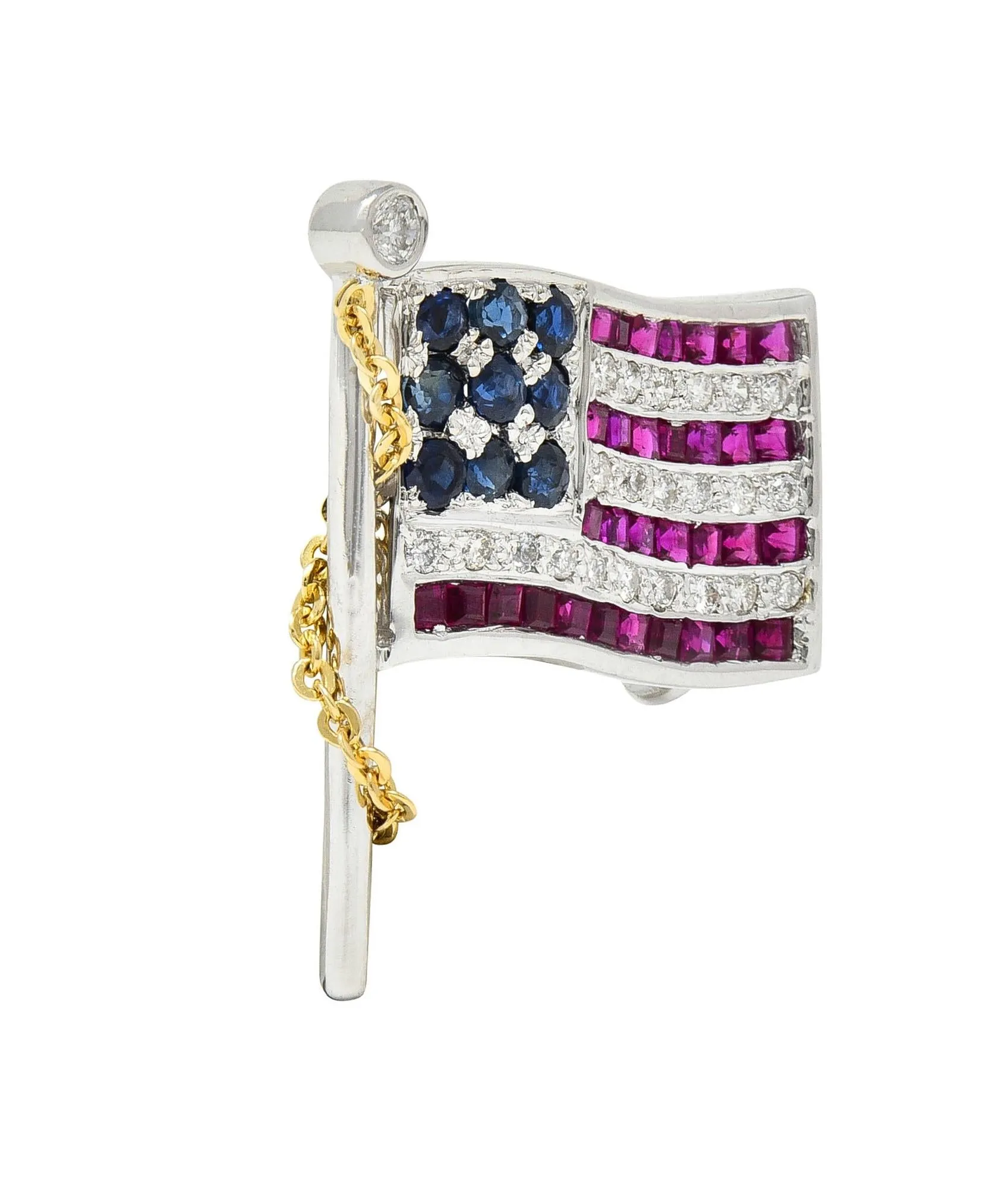 1.25 CTW Sapphire Ruby Diamond 14 Karat Two-Tone Gold American Flag Pendant Brooch