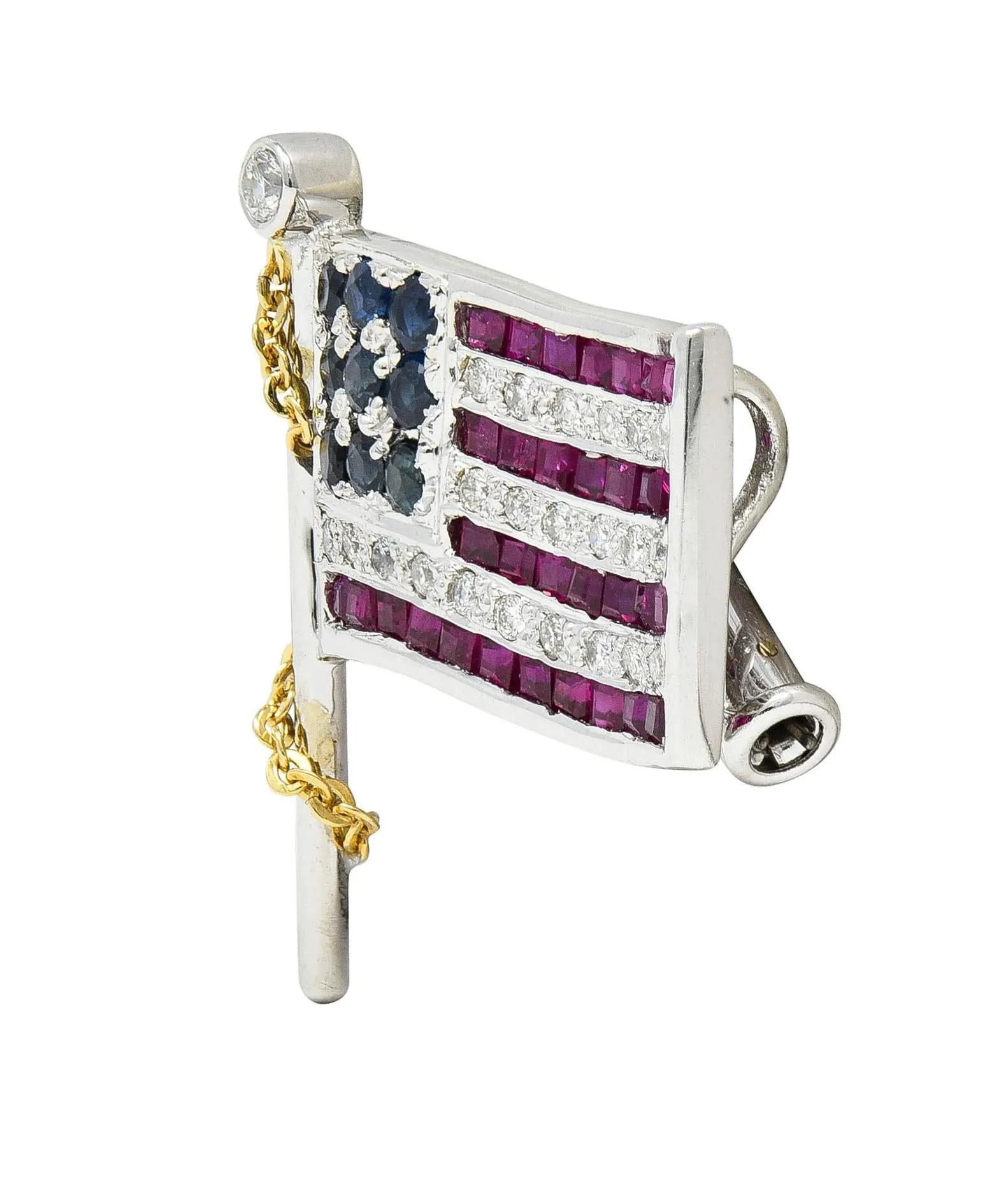 1.25 CTW Sapphire Ruby Diamond 14 Karat Two-Tone Gold American Flag Pendant Brooch