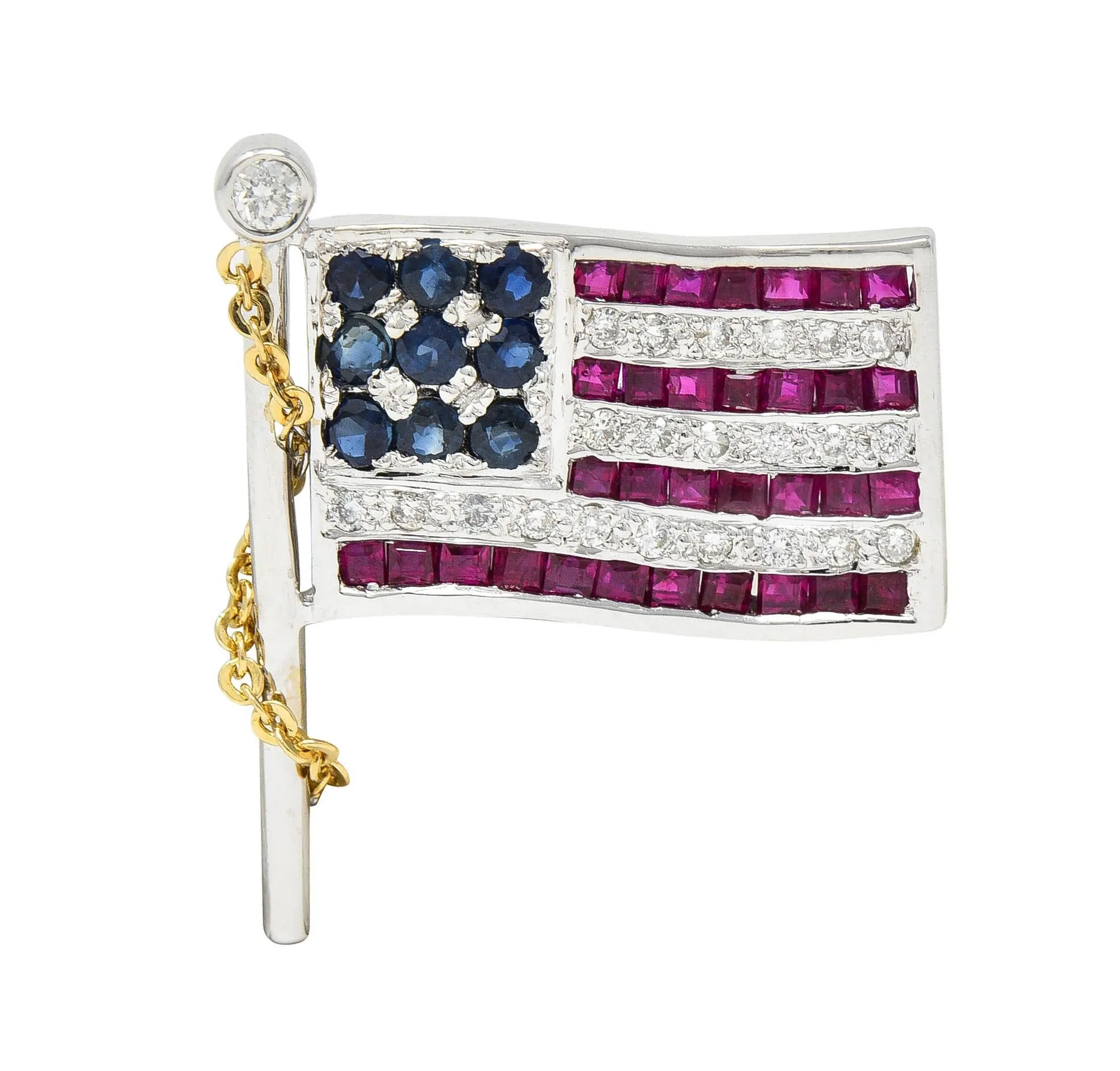 1.25 CTW Sapphire Ruby Diamond 14 Karat Two-Tone Gold American Flag Pendant Brooch