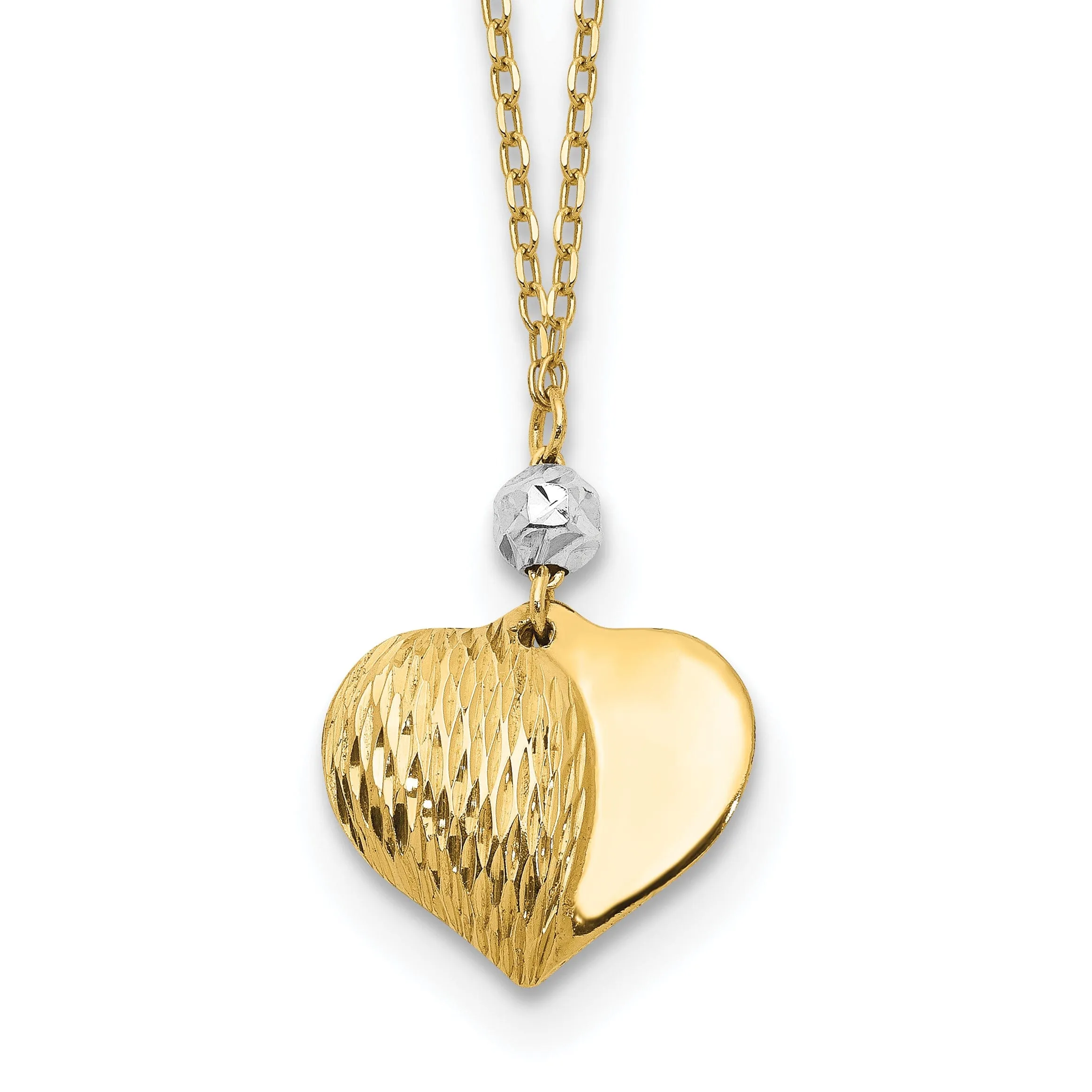 14K Two Tone Gold Solid Polished Diamond Cut Finish Puffed Heart Design Pendant in a 18-Inch Cable Chain Necklace Set