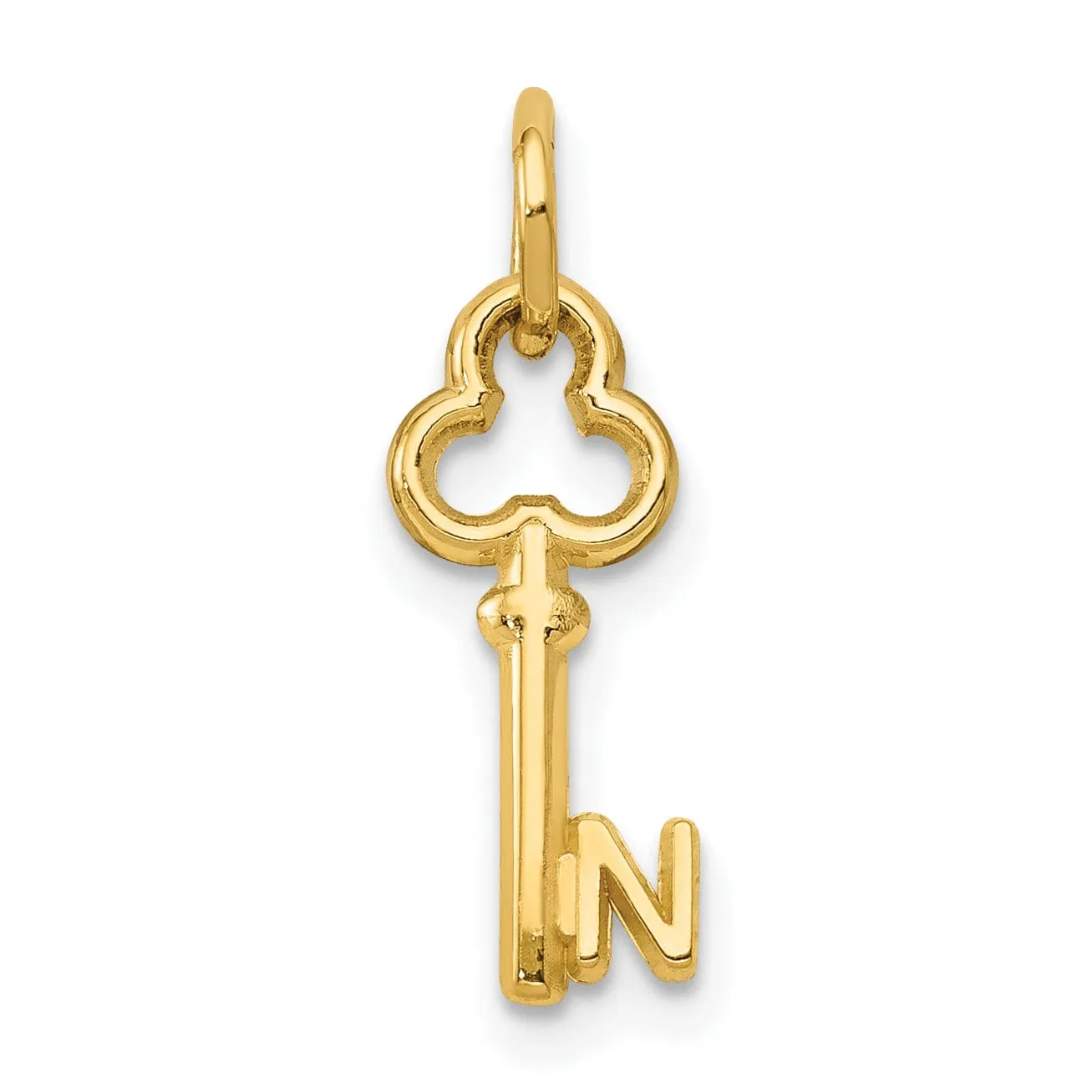 14K Yellow Gold Fancy Key Shape Design Letter N Initial Charm Pendant