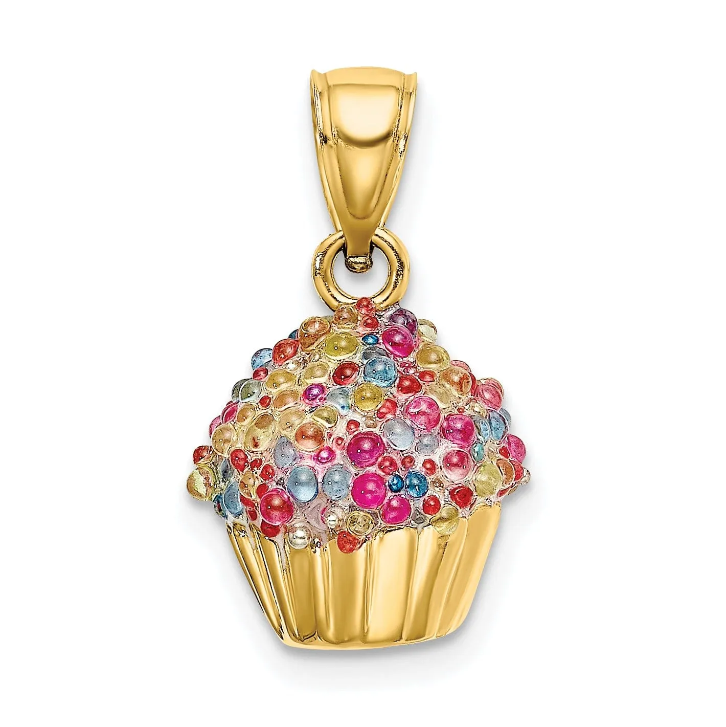 14K Yellow Gold Polished Finish 3-Dimensional Multi-Colored Bead Design Icing Cupcake Charm Pendant