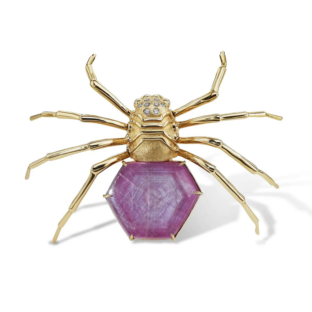 14K Yellow Gold Ruby Slice Black Widow Spider Brooch