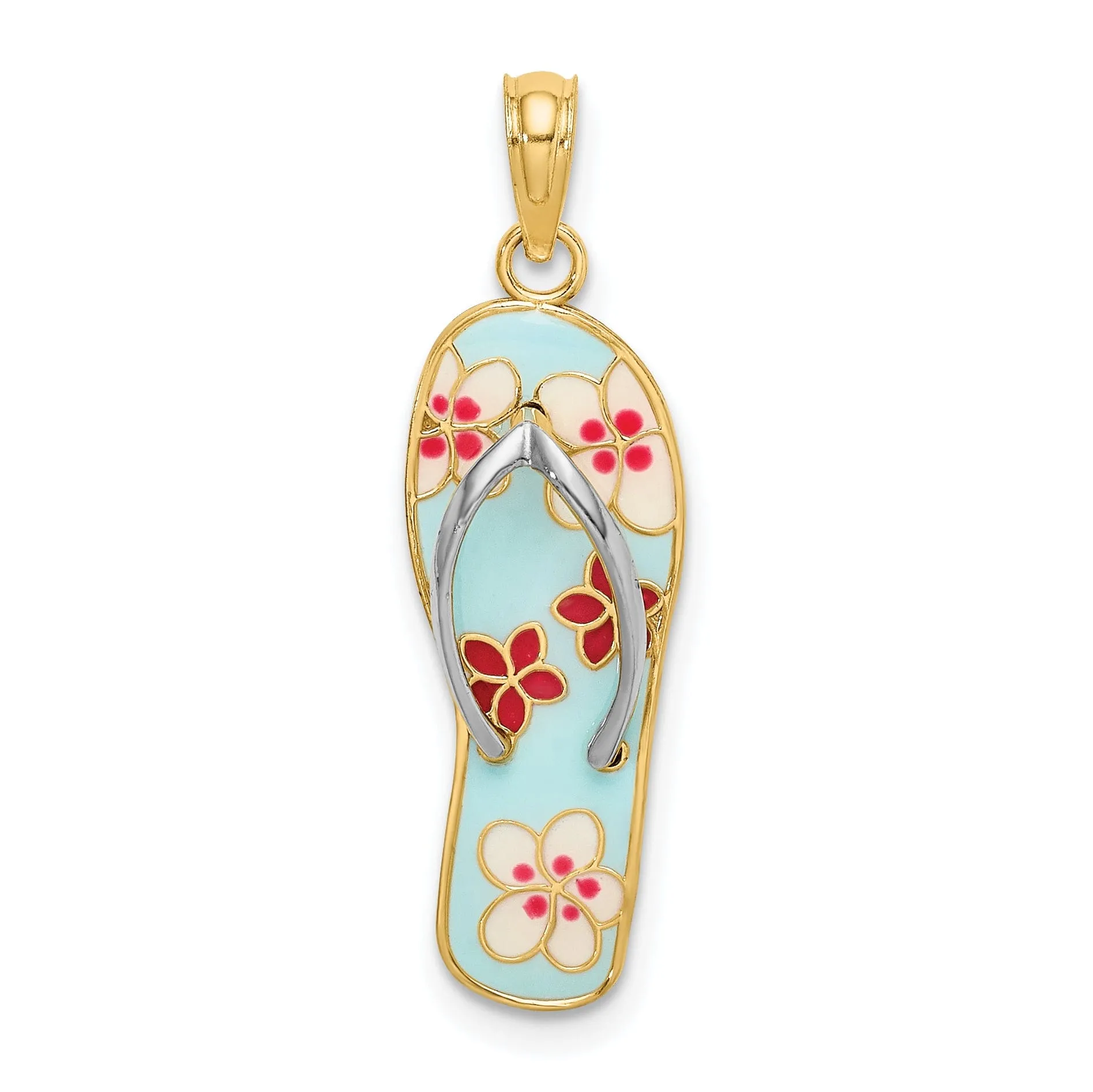 14K Yellow Gold, White Rhodium Fuschia white Flowers Aqua Enamel Finish 3-Dimensional Flip-Flop Sandle Charm Pendant