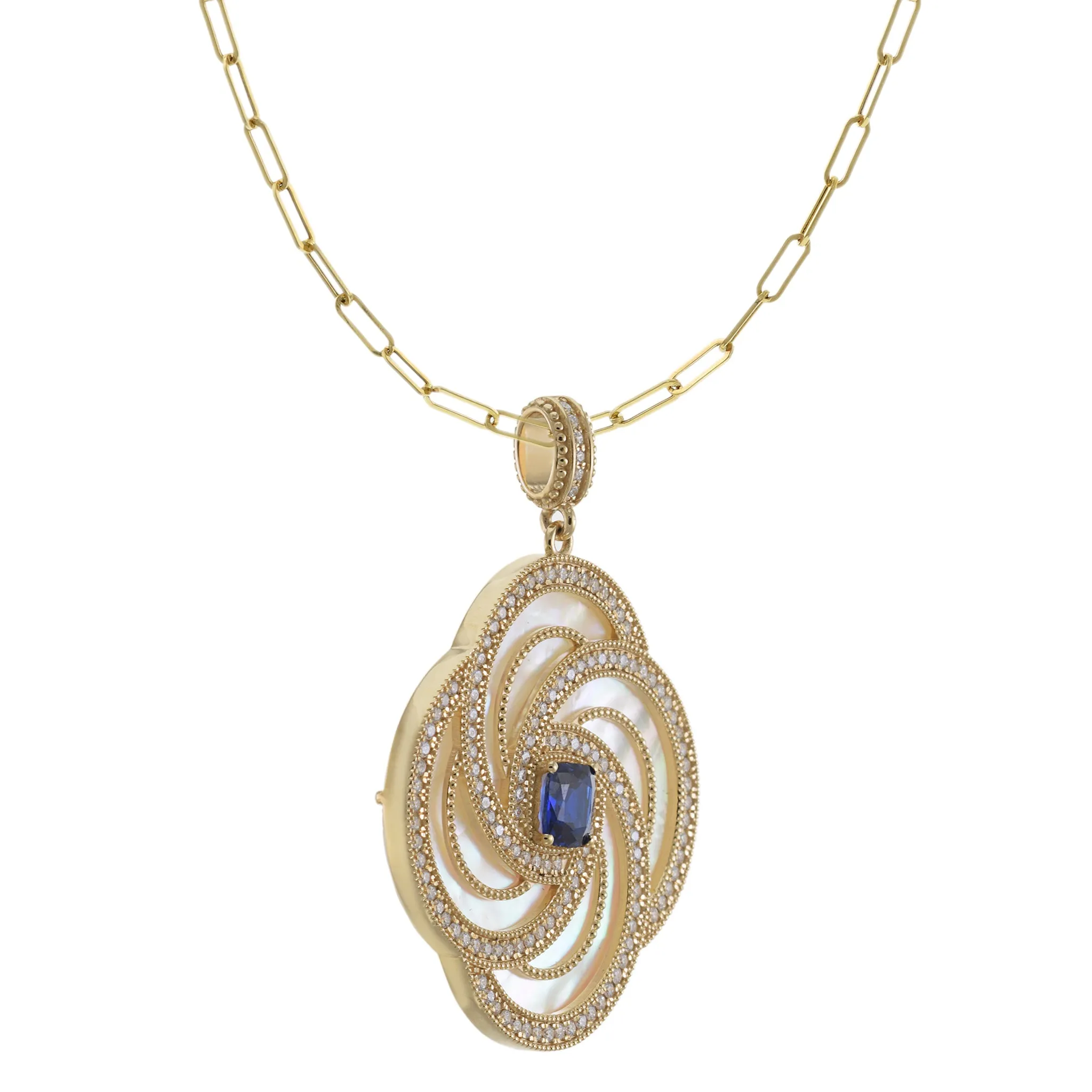 14KT Gold Mother of Pearl, Kyanite, and Diamond Flower Pendant