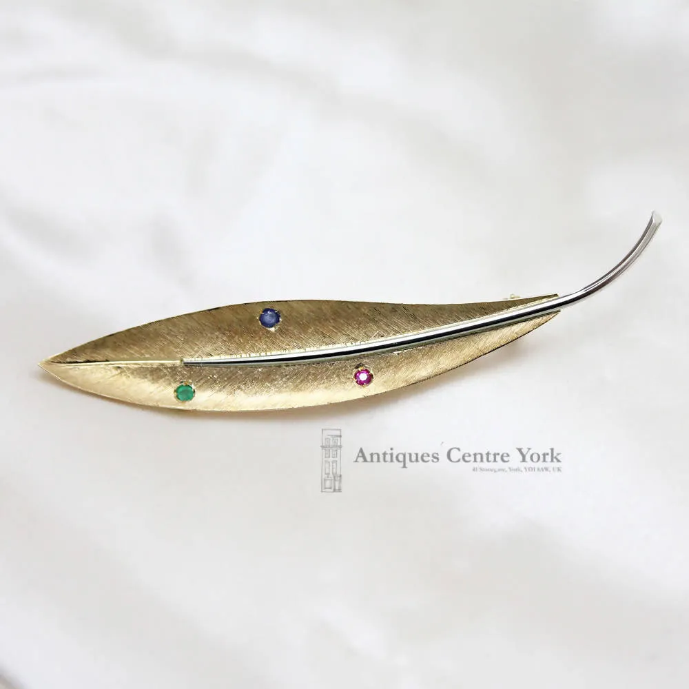 18ct Gold Emerald, Sapphire & Ruby Textured Leaf Brooch