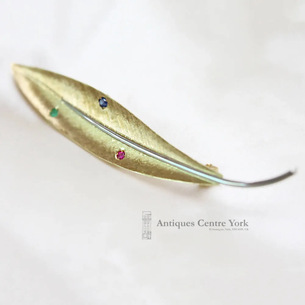 18ct Gold Emerald, Sapphire & Ruby Textured Leaf Brooch