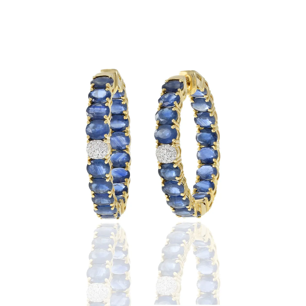 18KT Yellow Gold Sapphire And Diamond Round Hoop Earrings