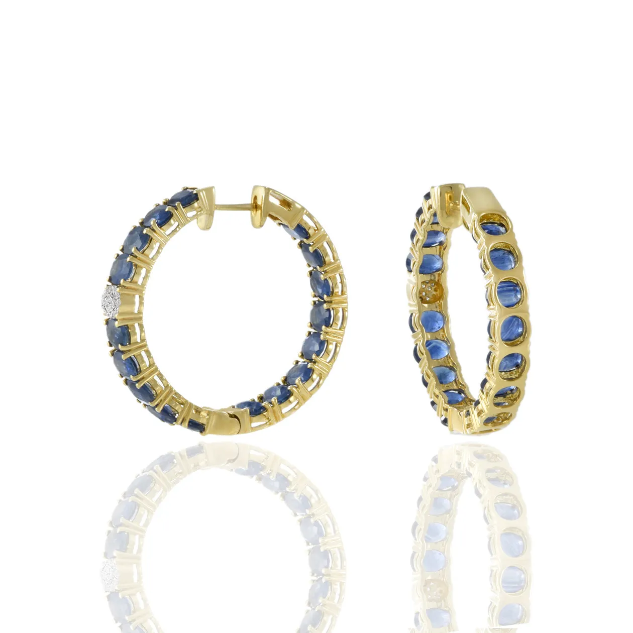 18KT Yellow Gold Sapphire And Diamond Round Hoop Earrings