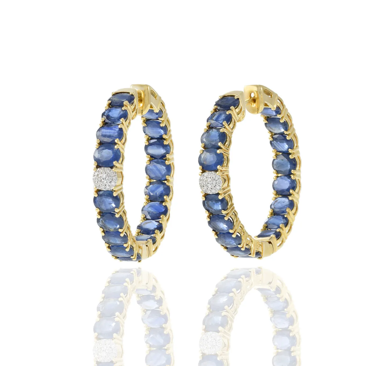 18KT Yellow Gold Sapphire And Diamond Round Hoop Earrings