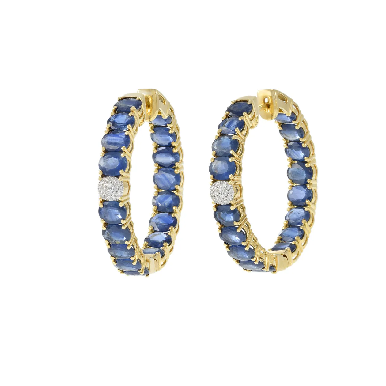 18KT Yellow Gold Sapphire And Diamond Round Hoop Earrings