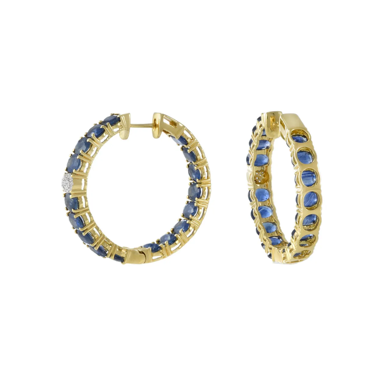 18KT Yellow Gold Sapphire And Diamond Round Hoop Earrings