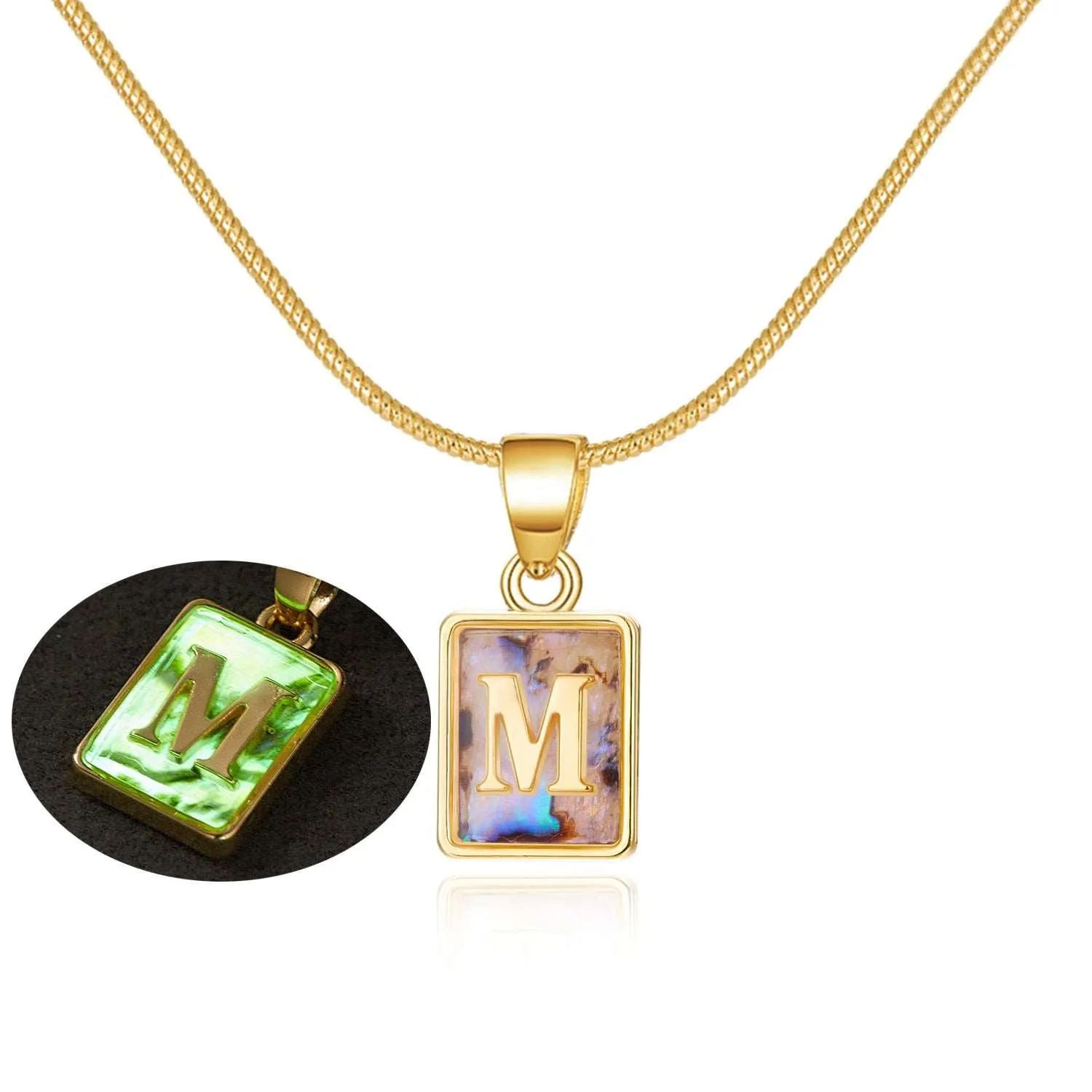 26 Letter Square Necklace Colorful Shell Luminous Pendant Chain Necklace For Women Temperament Ladies Jewelry