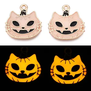 4 Smiling Cat Pumpkin Gold Tone Enamel Charms - Glow in the Dark! - E1687