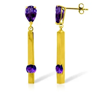 4.25 Carat 14K Solid Yellow Gold Bar Amethyst Drop Earrings