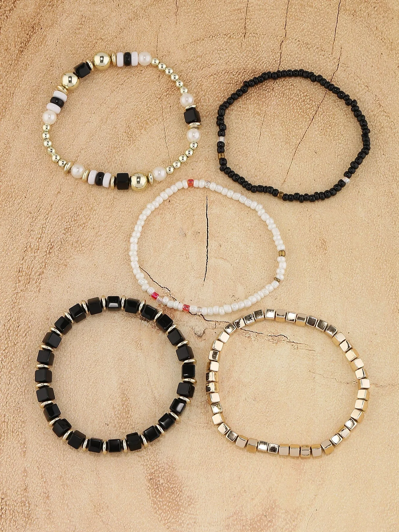 5pcs Minimalist Black White Gold Colors Beaded Bracelet Boho Crafted Creative