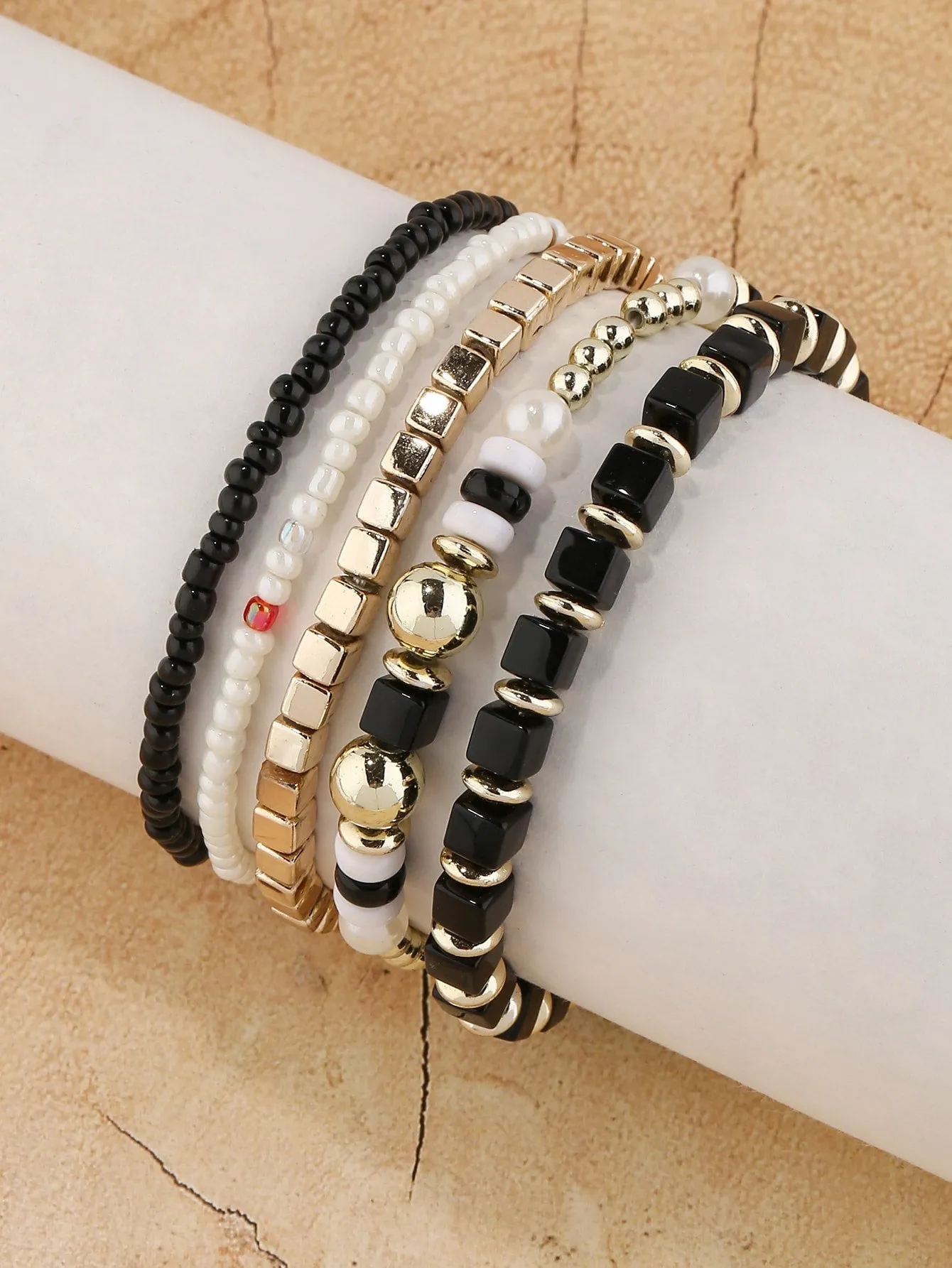 5pcs Minimalist Black White Gold Colors Beaded Bracelet Boho Crafted Creative