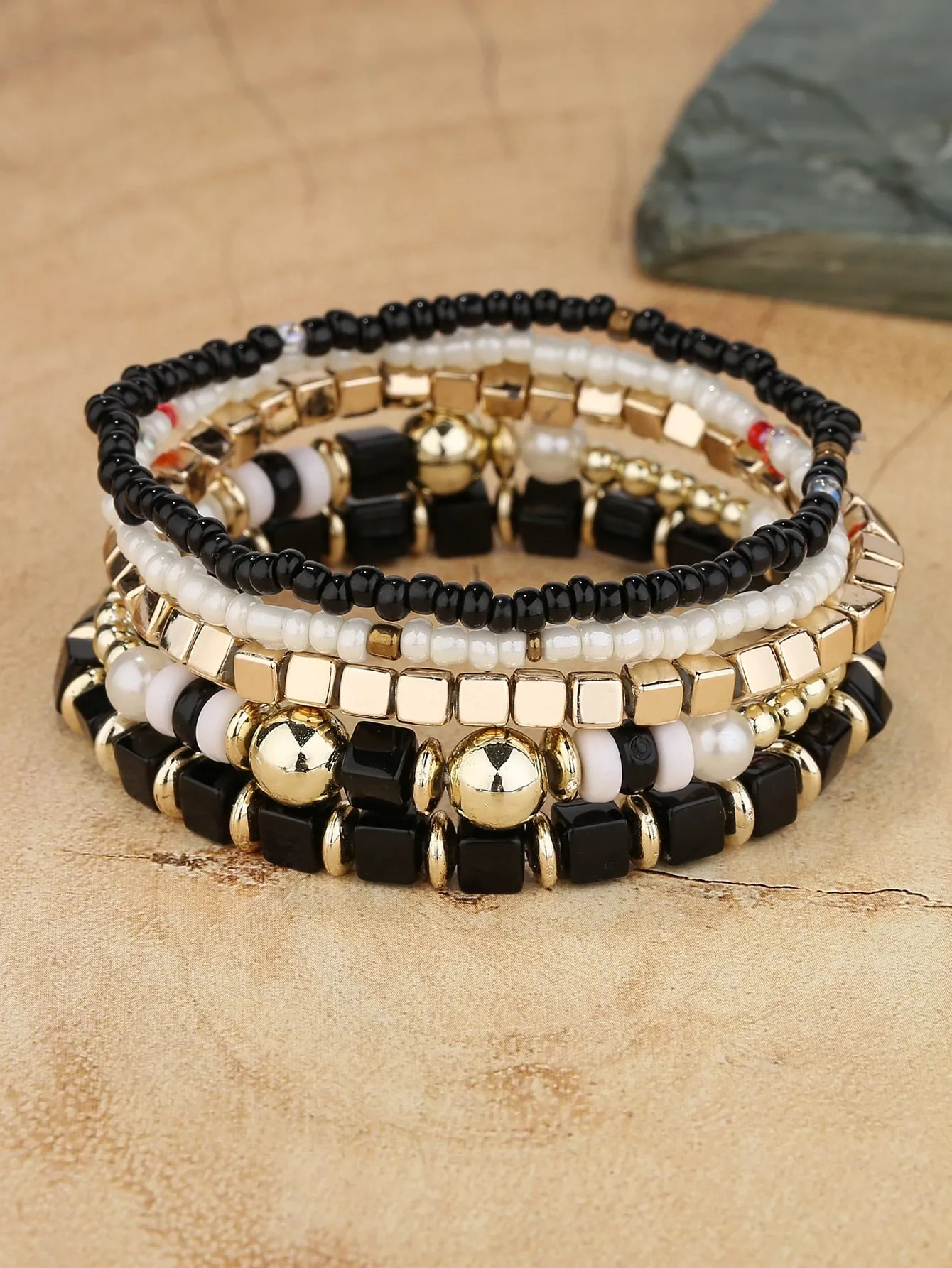 5pcs Minimalist Black White Gold Colors Beaded Bracelet Boho Crafted Creative