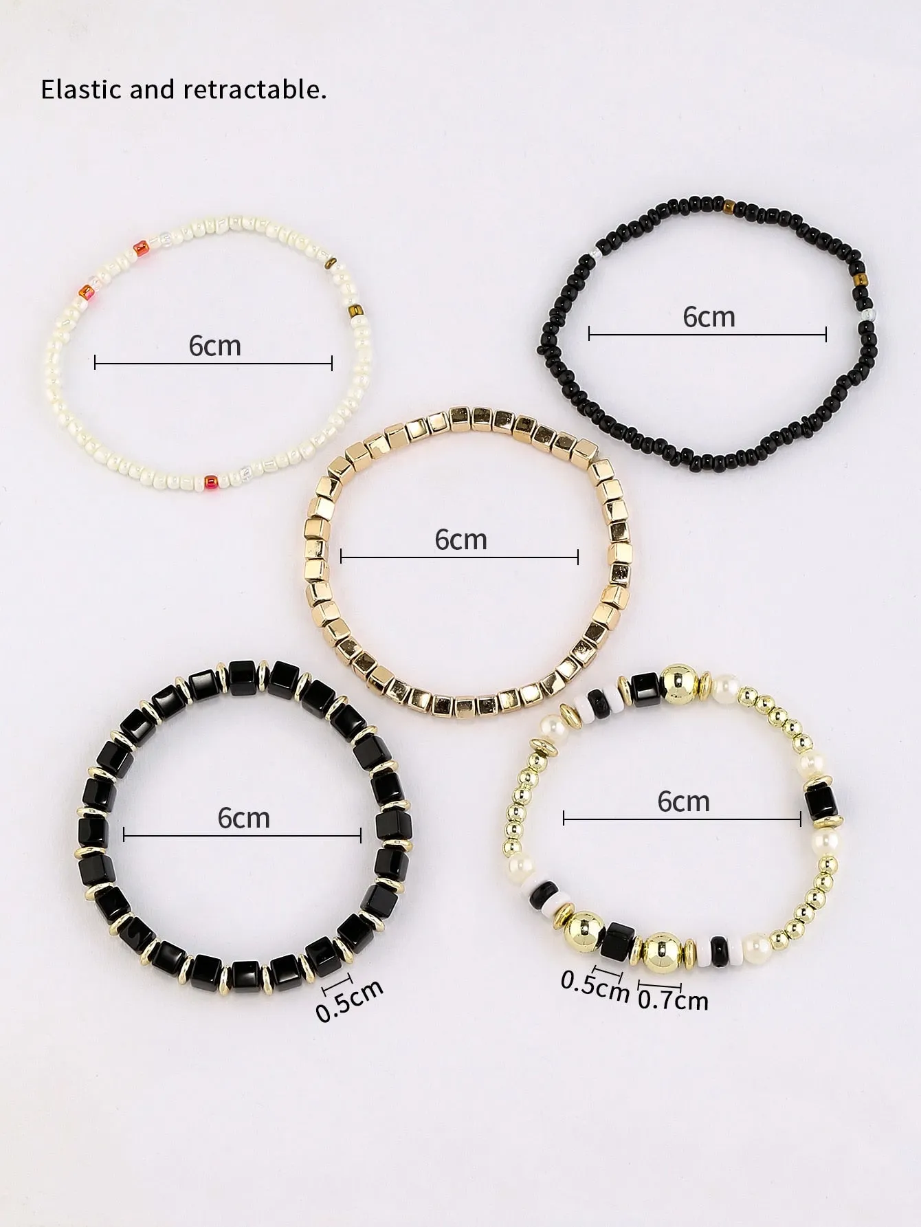 5pcs Minimalist Black White Gold Colors Beaded Bracelet Boho Crafted Creative