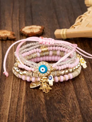 6pcs/set Boho Rhinestone & Bead Decor Pink Bracelet For Women