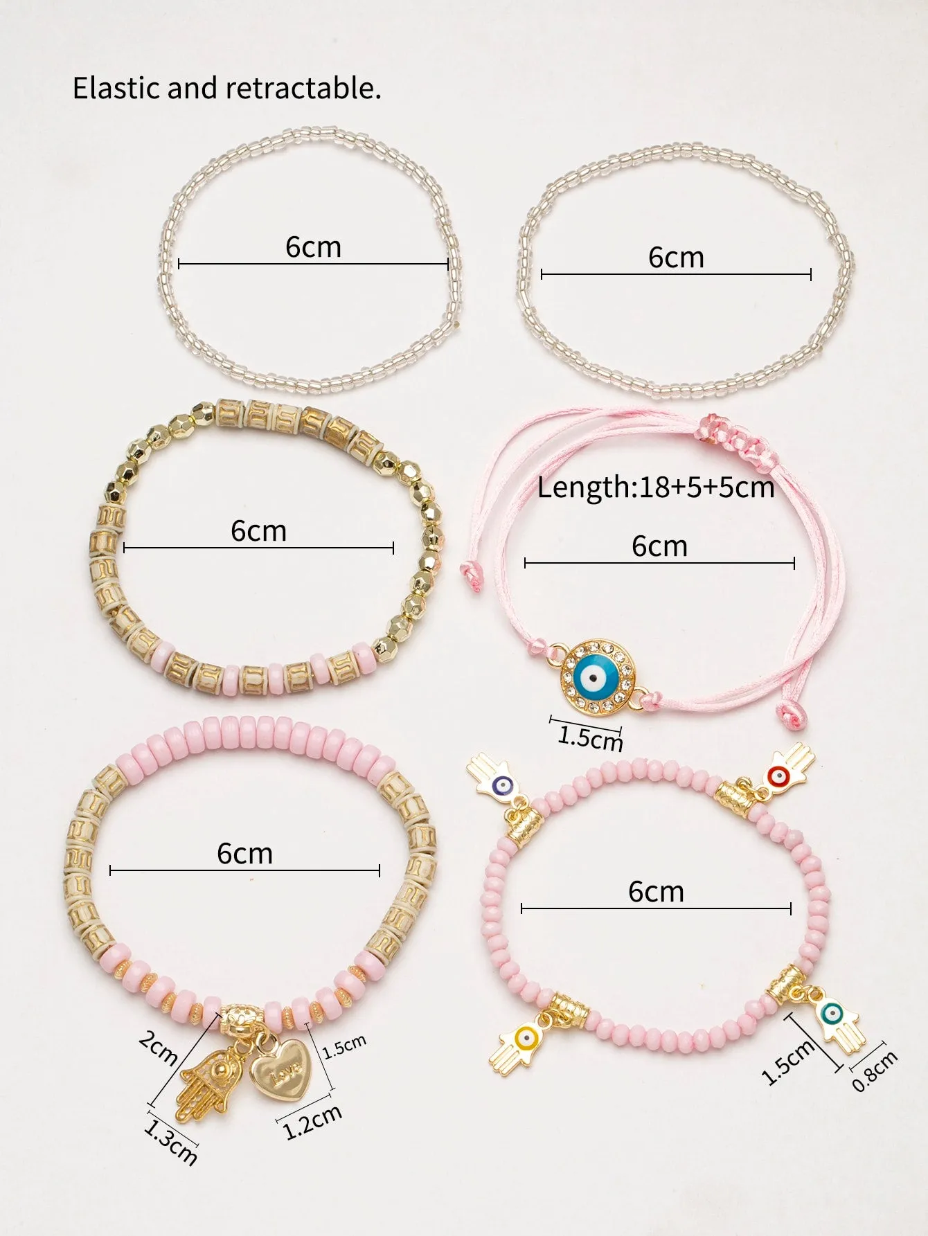 6pcs/set Boho Rhinestone & Bead Decor Pink Bracelet For Women