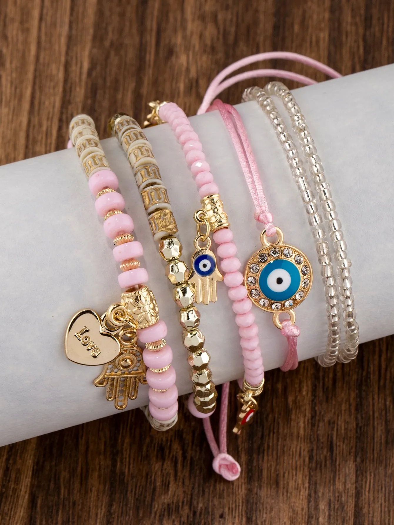 6pcs/set Boho Rhinestone & Bead Decor Pink Bracelet For Women