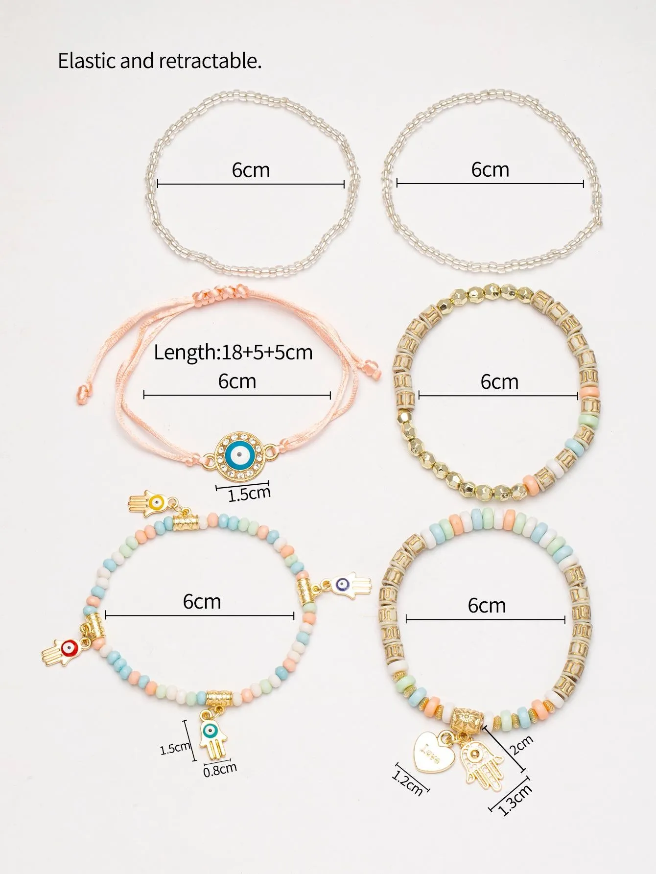 6pcs/set Boho Rhinestone & Bead Decor Pink Bracelet For Women