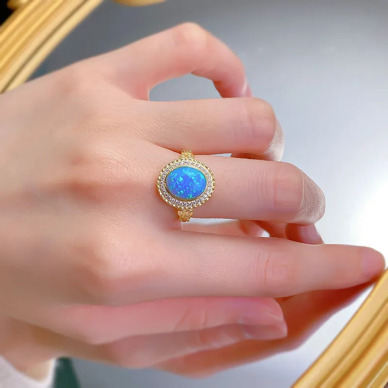 925 sterling silver gold-plated ring inlaid with 8*10mm oval Opal blue ins ring women's jewelry