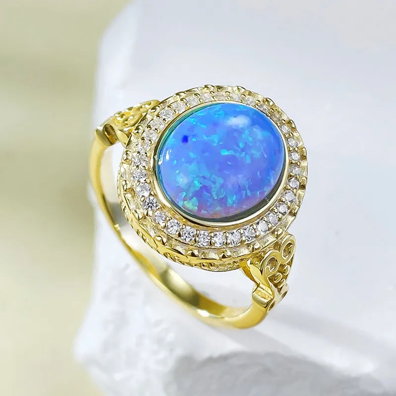 925 sterling silver gold-plated ring inlaid with 8*10mm oval Opal blue ins ring women's jewelry