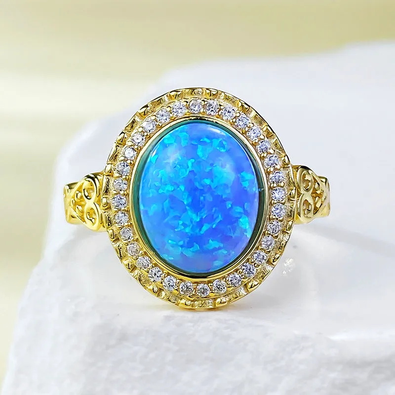 925 sterling silver gold-plated ring inlaid with 8*10mm oval Opal blue ins ring women's jewelry