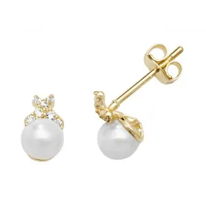 9ct Yellow Gold Pearl & Cz Stud Earrings ES593