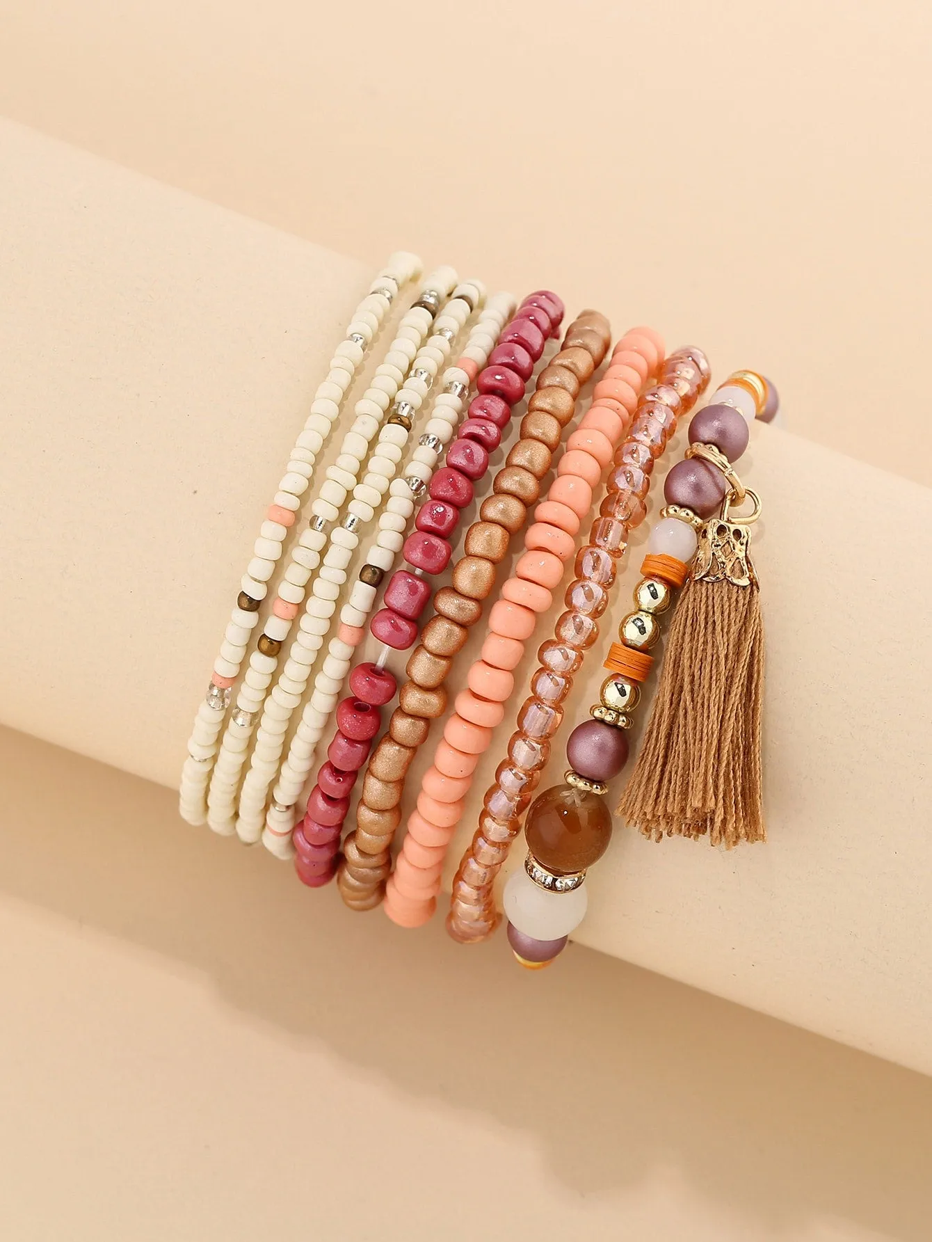 9pcs Boho Tassel Charm Beaded Bracelet Bead-string Bracelet Jewelry Accessory