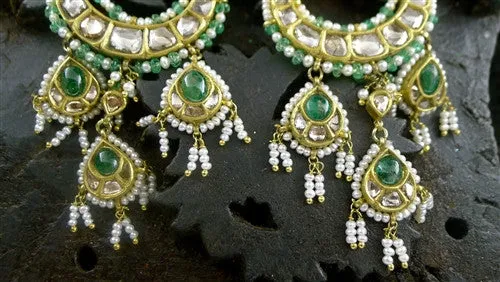 Amrapali 18K Yellow Gold Moghul Diamond, Emerald, and Pearl Chandelier Earrings