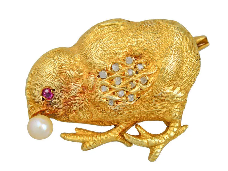 Antique Diamond Chick Bird Brooch