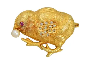 Antique Diamond Chick Bird Brooch