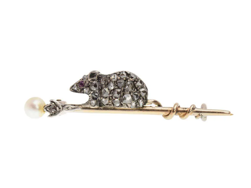 Antique Diamond Mouse Brooch in Box