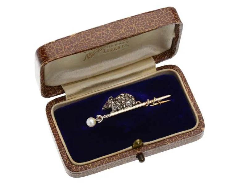 Antique Diamond Mouse Brooch in Box