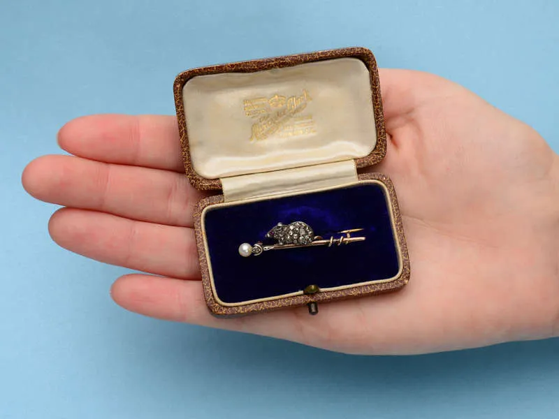 Antique Diamond Mouse Brooch in Box