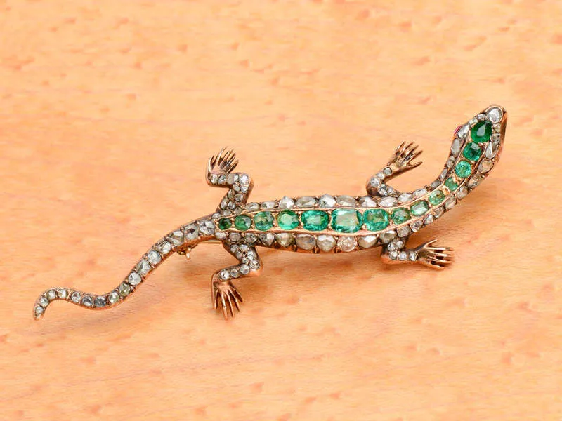 Antique Emerald Diamond Lizard Brooch