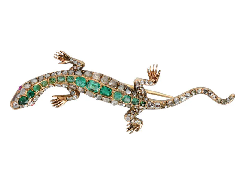 Antique Emerald Diamond Lizard Brooch