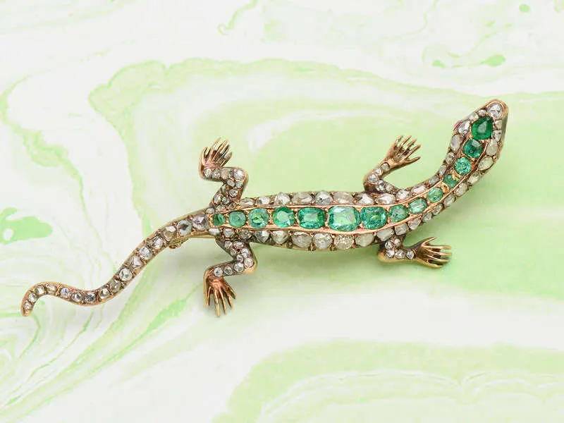 Antique Emerald Diamond Lizard Brooch