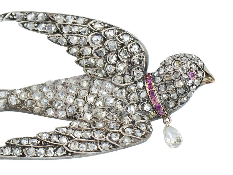 Antique Victorian Diamond Ruby Swallow Bird Brooch