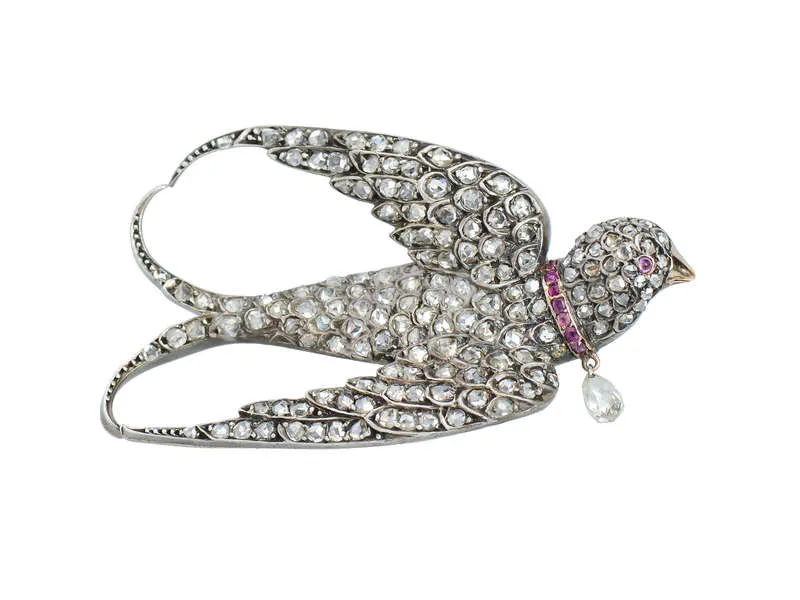 Antique Victorian Diamond Ruby Swallow Bird Brooch