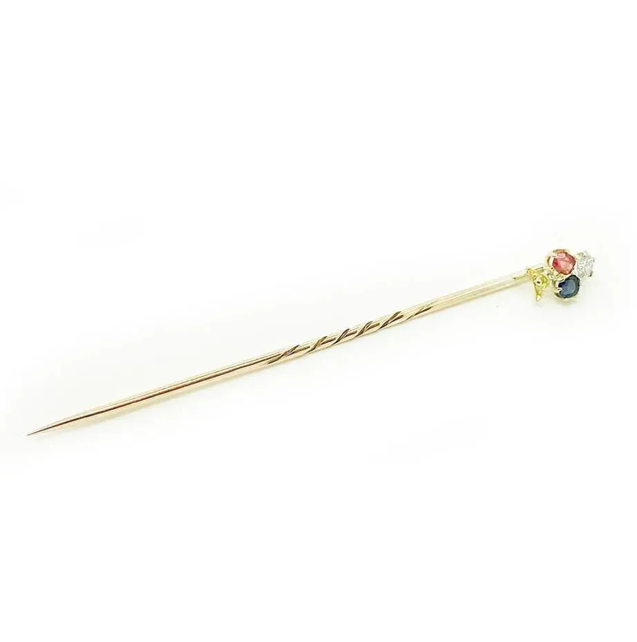 Antique Victorian Ruby, Sapphire Diamond Stick Pin Brooch