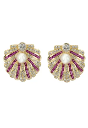 Art Deco Scallop Shell Earrings Ruby Red With Pearl Gold