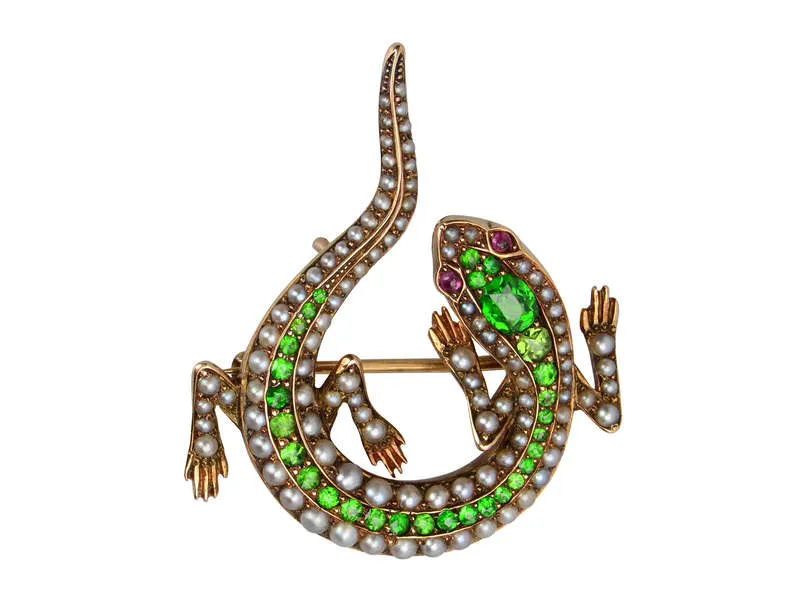 Art Nouveau Demantoid Pearl Lizard Brooch