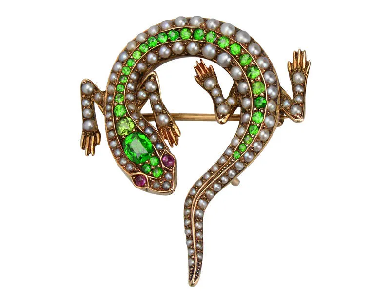 Art Nouveau Demantoid Pearl Lizard Brooch