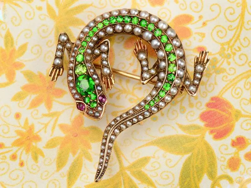 Art Nouveau Demantoid Pearl Lizard Brooch