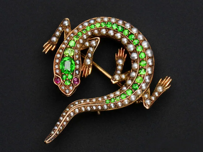 Art Nouveau Demantoid Pearl Lizard Brooch