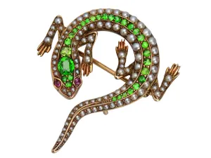 Art Nouveau Demantoid Pearl Lizard Brooch